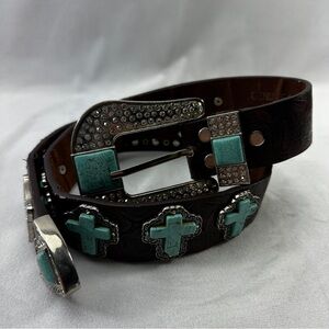 Montana West Brown Belt with Turquoise Cross Accents
